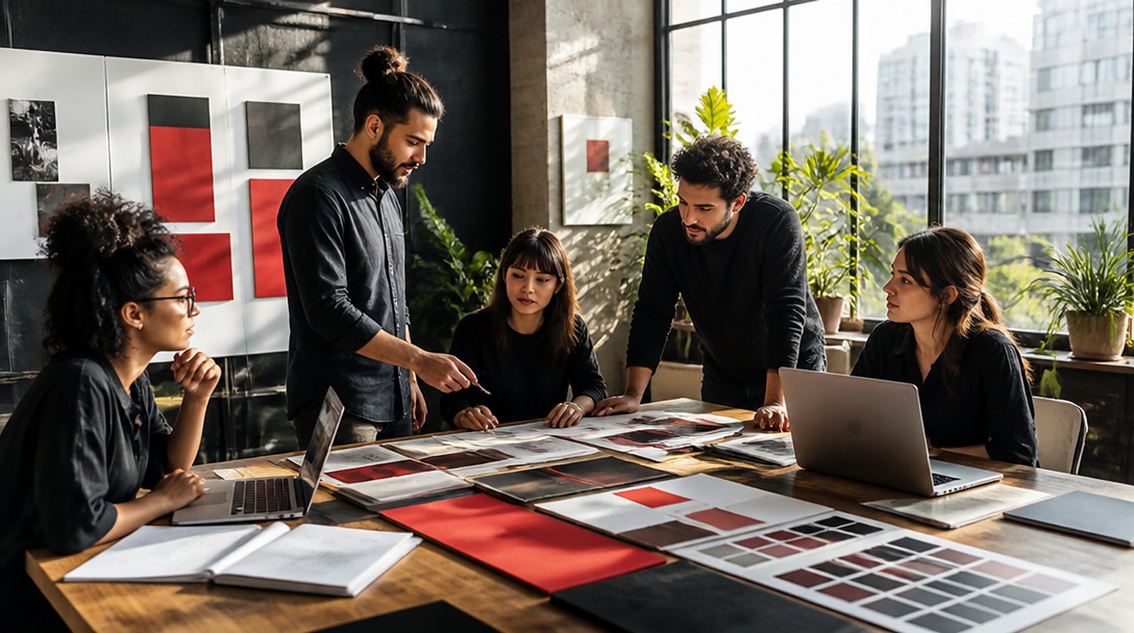 Equipe criativa da agência discutindo peças de marca em vermelho e preto sobre a mesa